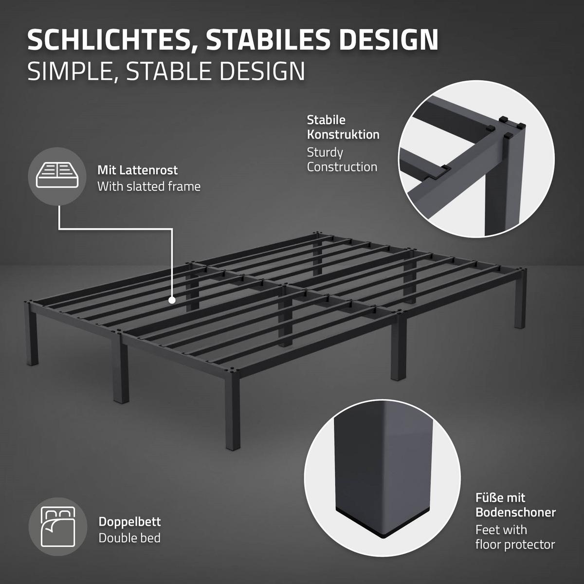 METALLBETT 140x200 cm mit Lattenrost Anthrazit auf Stahlrahmen - Anthrazit, Metall (140/200cm) - ML-DESIGN