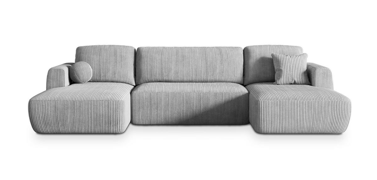 WOHNLANDSCHAFT SENTUM P Hellgrau Kordstoff mit Schlaffunktion - Hellgrau/Schwarz, Holz/Kunststoff (330/90/148cm) - MASSENO