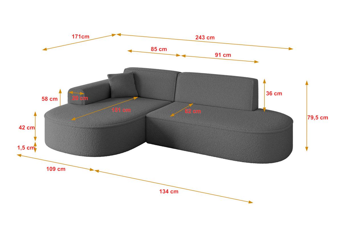 ECKSOFA Ottomane Links MARI-L1 - 243x171x79 cm Grau Bouclé - Schwarz/Grau, Holzwerkstoff/Kunststoff (163/234cm) - ALTDECOR
