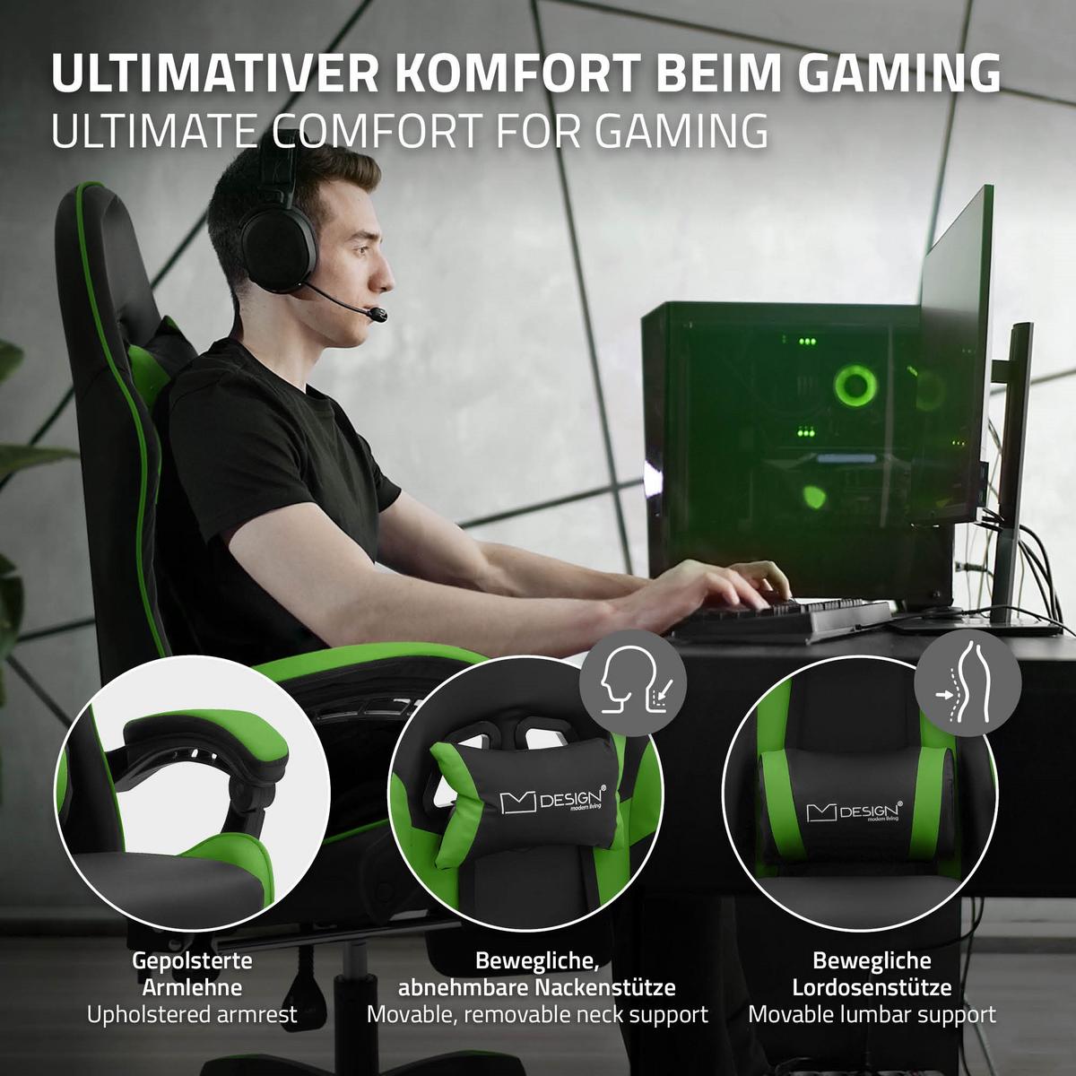 GAMINGSTUHL Schwarz-Grün aus Kunstleder - Schwarz/Grün, Kunststoff/Metall (62/119/62cm) - ML-DESIGN