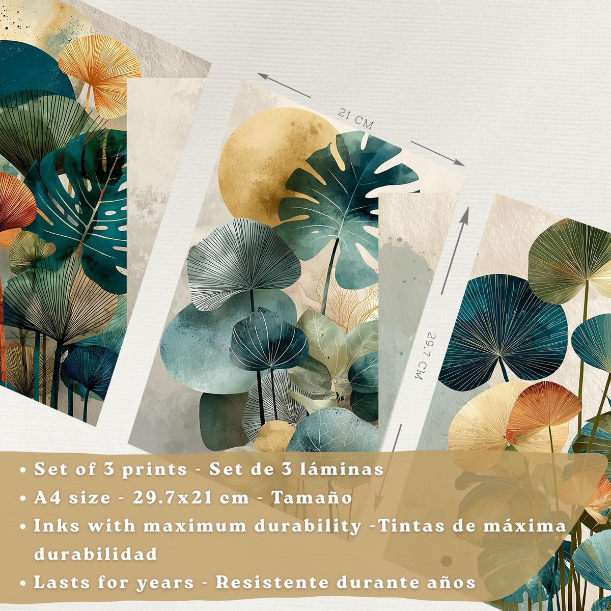 POSTER 3er-Set Wandbilder Pflanzen modern Wohnzimmer Deko, Schlafzimmer, Küche, Badezimmer Leichter Holzrahmen A4 - Beige, Papier (29.7/1/21cm) - Nacnic