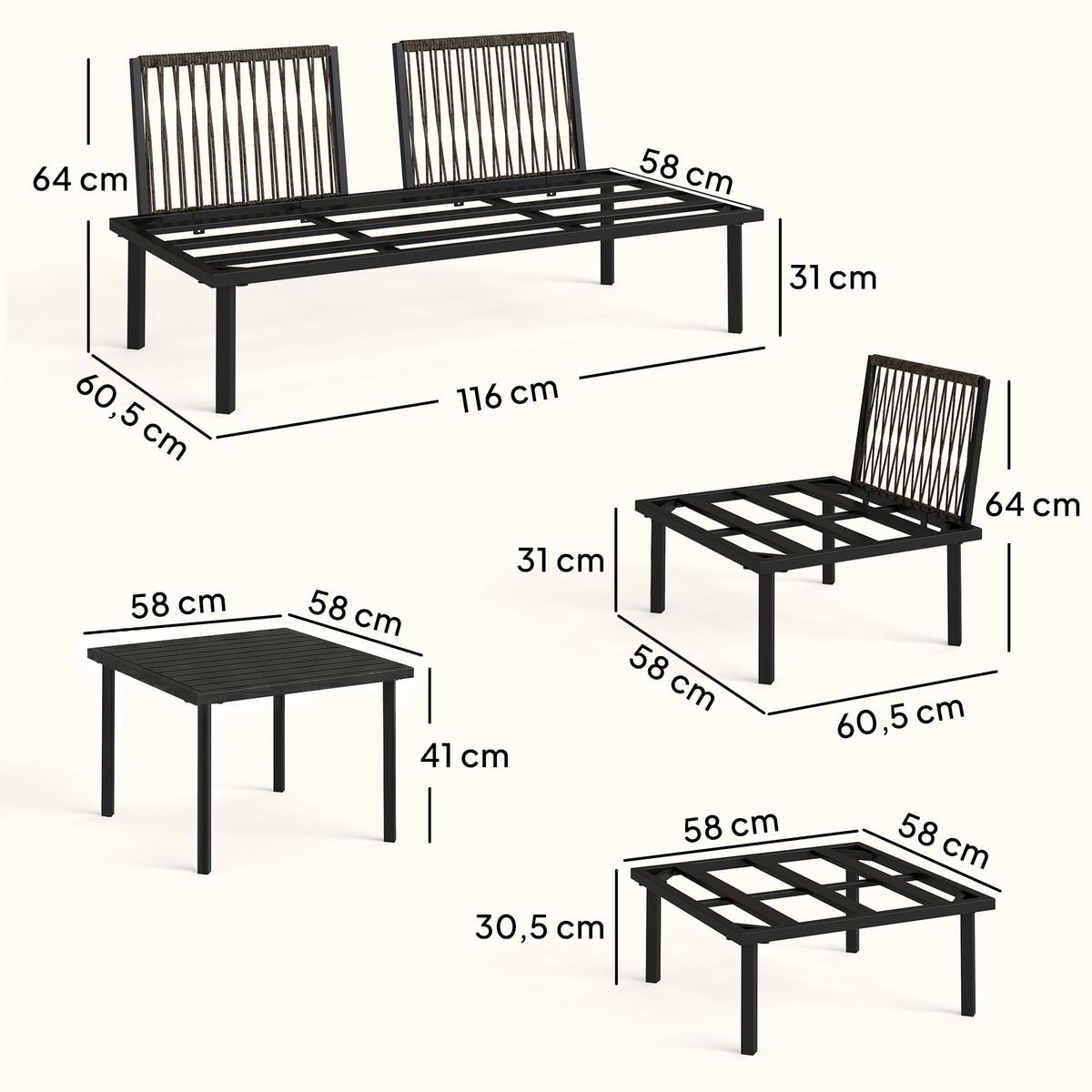 GARTENLOUNGE-SET 6er Set Metall Polyester Hellgrau - Hellgrau/Schwarz, Textil/Metall - Outsunny