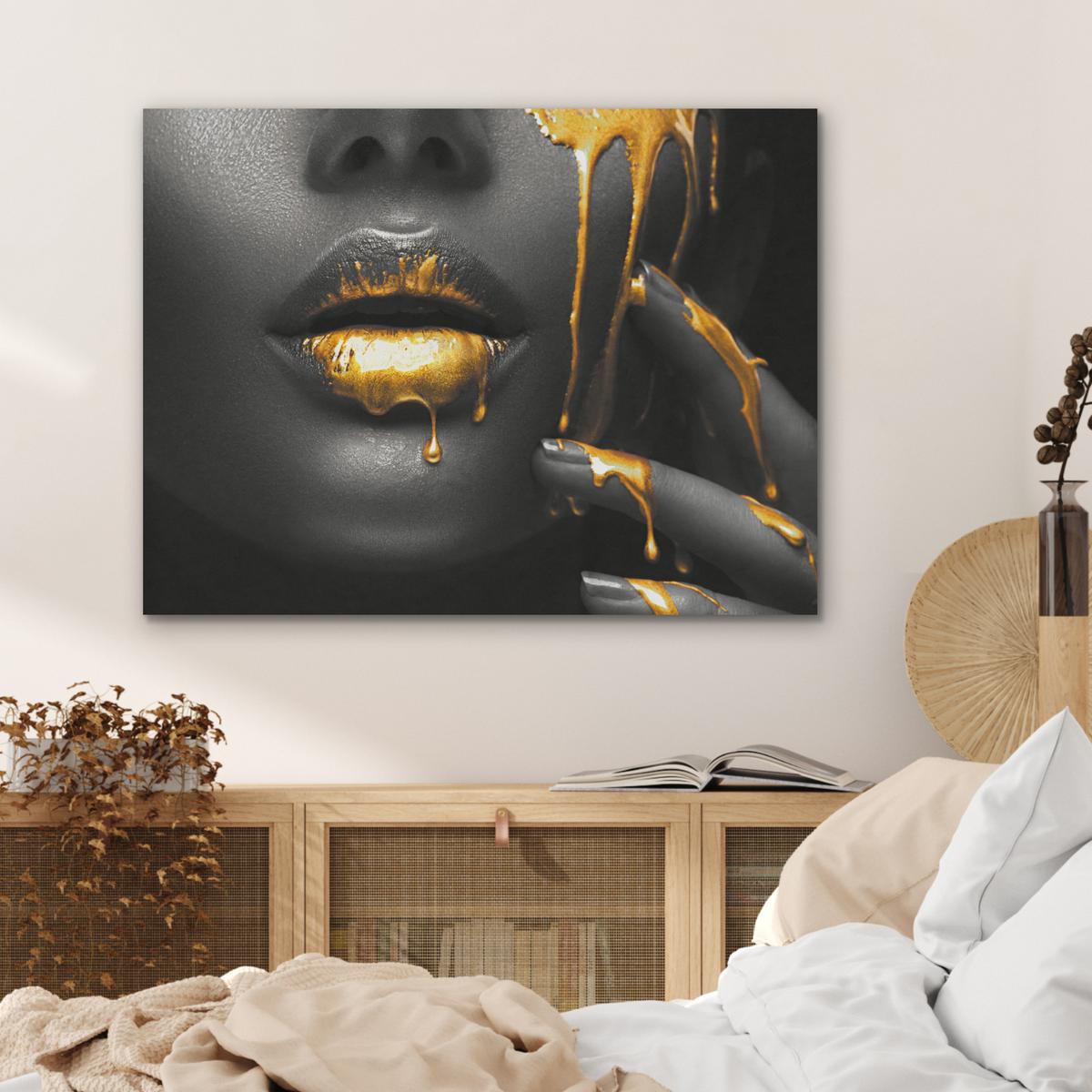 AKUSTIKBILD Frau - Schwarz - Gold - Gesicht - Lippen Gemälde 80x60 cm - Goldfarben, Kunststoff (80/60/0.9cm) - MuchoWow