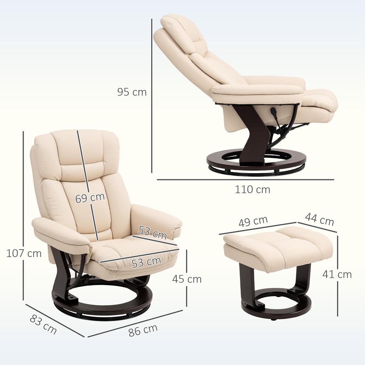 RELAXSESSEL mit Hocker drehbarer Fernsehsessel mit Liegefunktion Taschenfeder - Creme, Leder (83/107/86cm) - HOMCOM