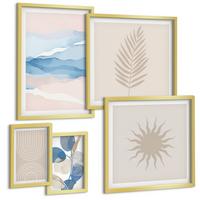 BILDER SET 5er Set - 50x50 cm & 20x30 cm & 40x60 cm Goldrahmen - Abstrakte Linien der Sonnenwellen - Goldfarben, Kunststoff (40/60cm) - TULUP