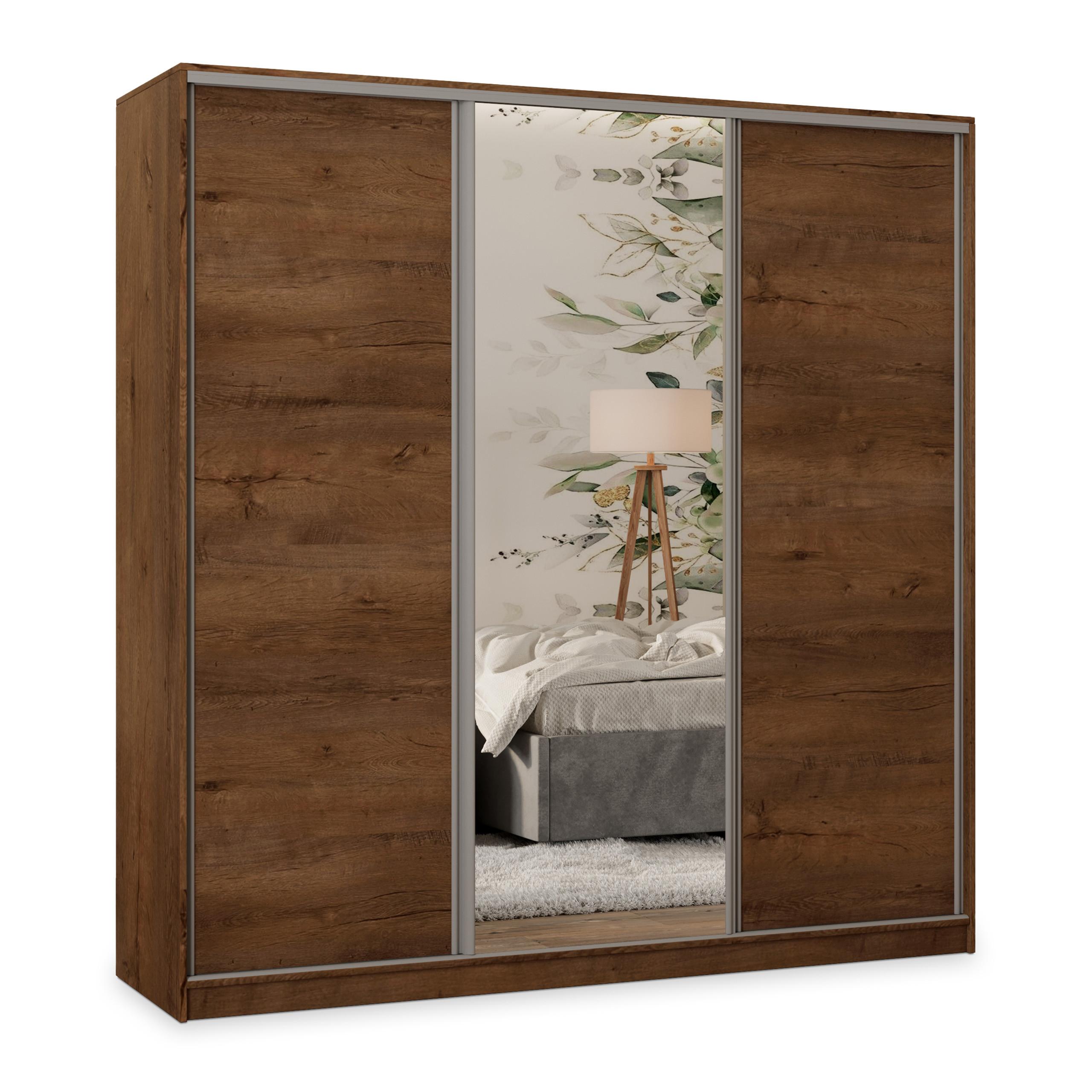 SCHWEBETÜRENSCHRANK TARI 180/205/58 cm 3-türig mit Spiegel und Schubladen Eiche Lefkas - Eichefarben/Silberfarben, Holzwerkstoff (180/205/58cm) - MASSENO