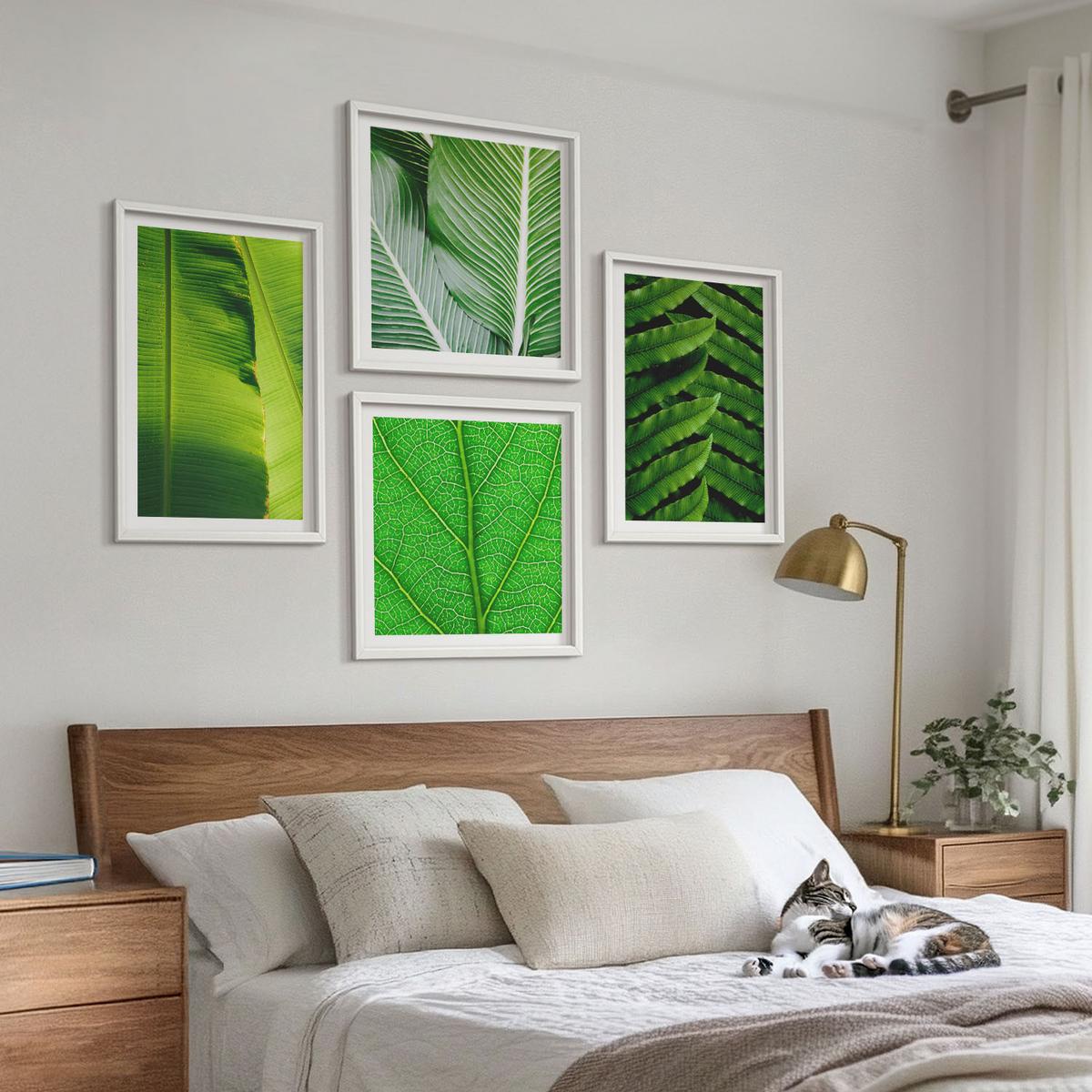 BILDER SET 4er Set - 50x50 cm & 40x60 cm Weißer Rahmen - Nahaufnahme von tropischen Blättern - Weiß, Kunststoff (50/50cm) - TULUP