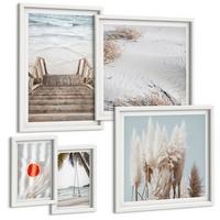 BILDER SET 5er Set - 50x50 cm & 20x30 cm & 40x60 cm Weißer Rahmen - Strandatmosphäre dank hölzerner Treppen. - Weiß, Kunststoff (40/60cm) - TULUP
