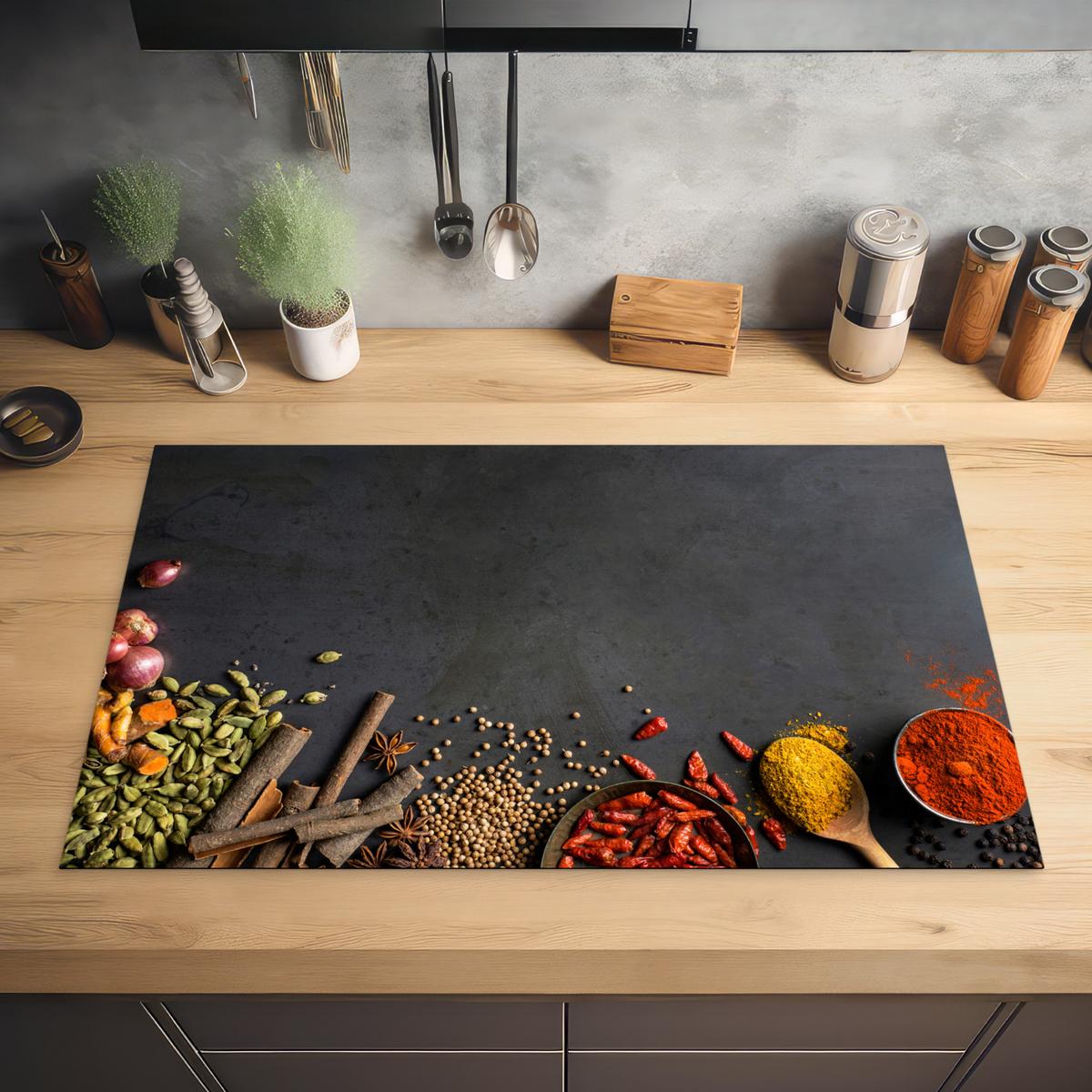 HERDABDECKPLATTE Kräuter - Lebensmittel - Gewürze - Schwarz - Paprika - Zimt Ceranfeldabdeckung 85x52 cm - Currygelb, Kunststoff (85/52/0.2cm) - MuchoWow