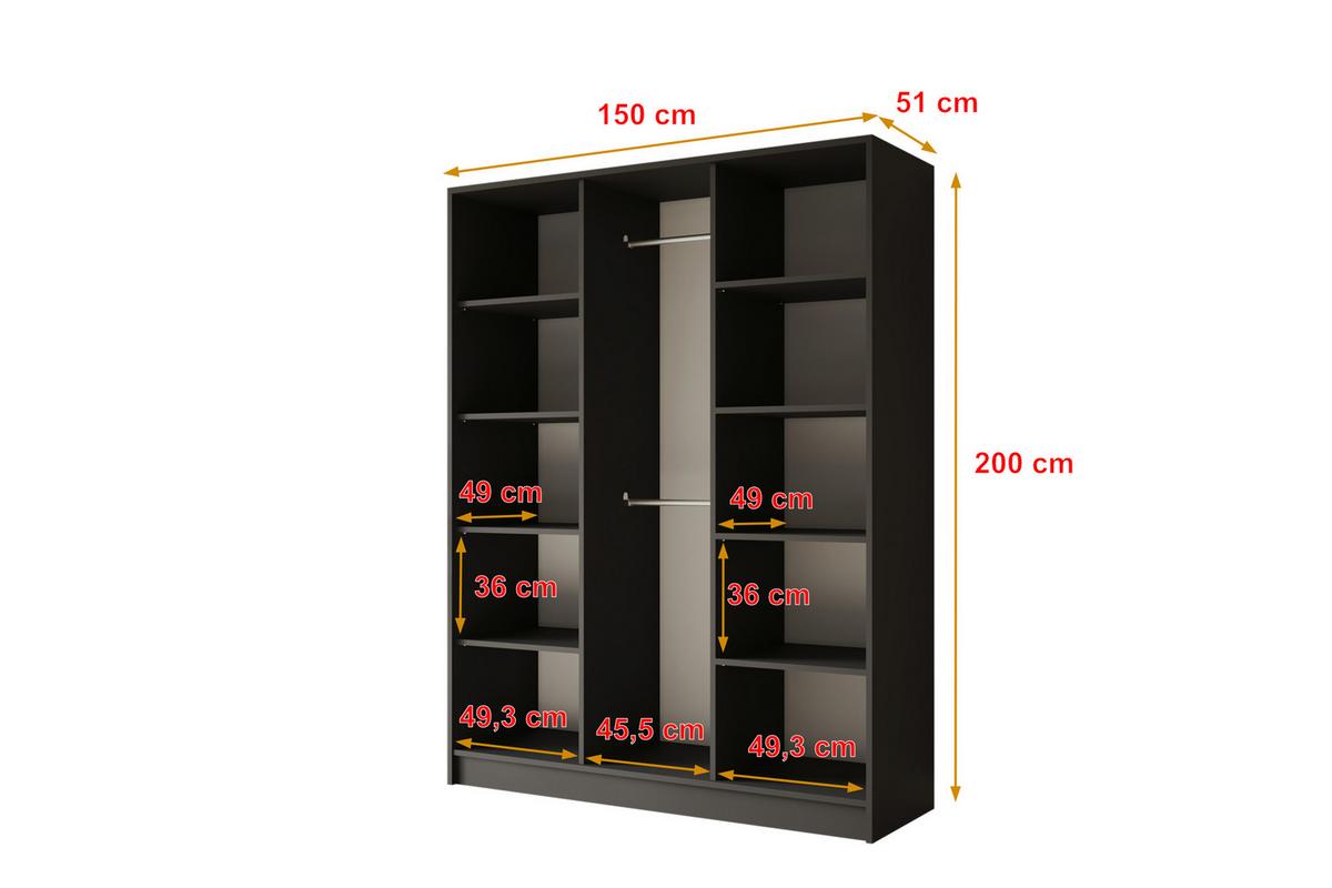 KLEIDERSCHRANK - LESE - 150 - Schwarz - Schwarz Hochglanz/Schwarz, Holzwerkstoff (150/200/51cm) - ALTDECOR