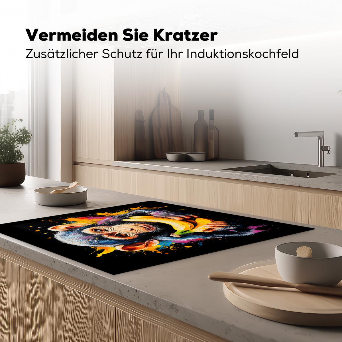 HERDABDECKPLATTE Affe - Graffiti - Farbenfroh - Bananen - Modern Induktionsmatte 78x78 cm - Gelb, Kunststoff (78/78/0.2cm) - MuchoWow