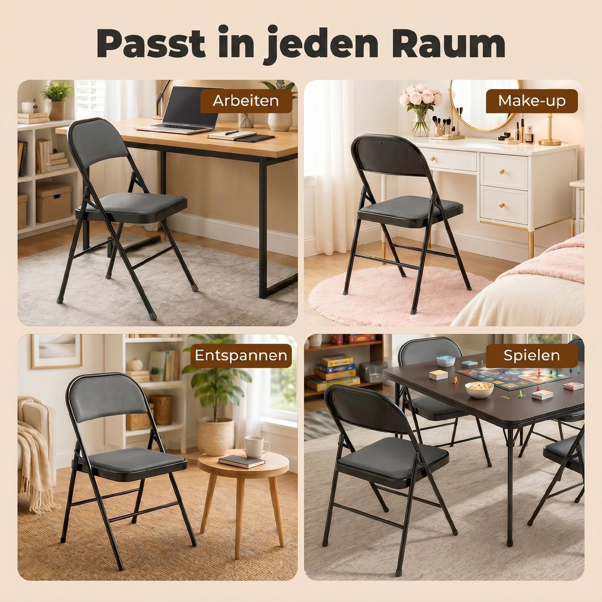 4ER-SET Klappstühle Tragbare Bürostuhl mit Kissen Stahlbeine Kunstleder, Schwarz - Schwarz, Metall (46/78/45cm) - HOMCOM