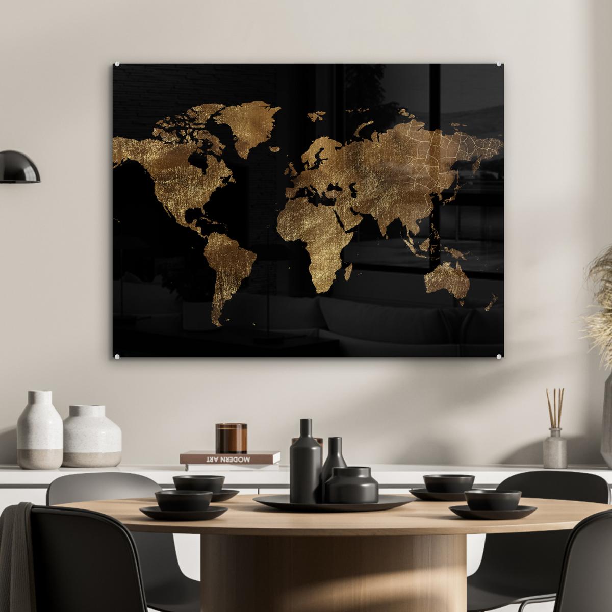 ACRYLGLASBILD Weltkarte - Gold - Luxus - Erde - Schwarz 80x60 cm - Goldfarben, Glas (80/60cm) - MuchoWow