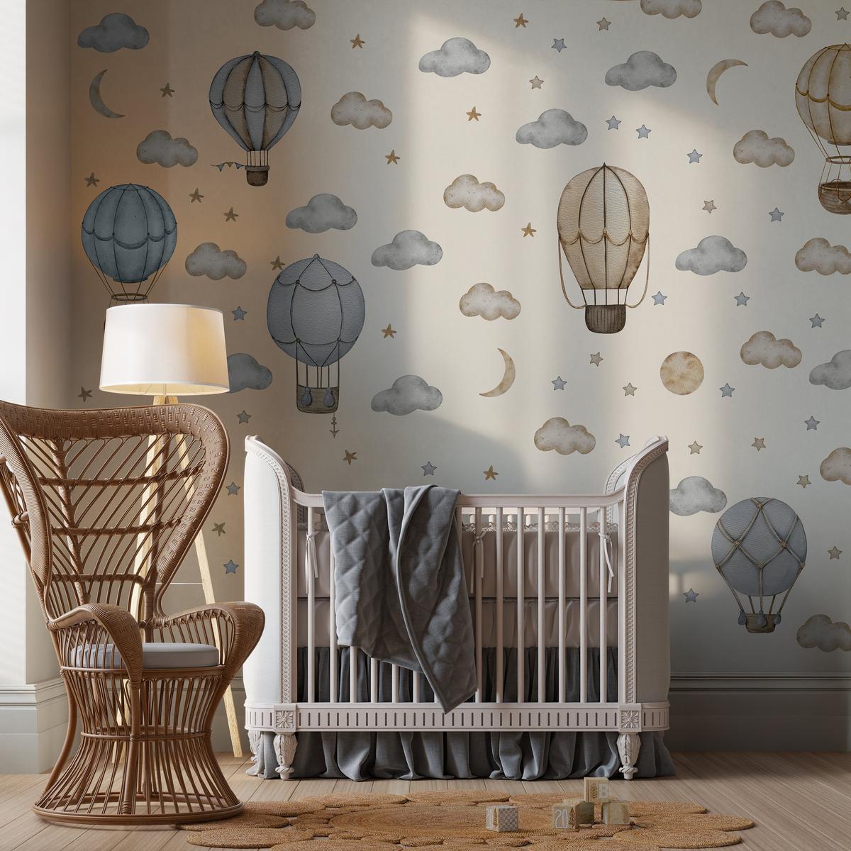 WANDAUFKLEBER SET Luftballons Wolken Sterne Boho Stil 120x60 - Beige/Braun, Papier (120/60/1cm) - Muralo