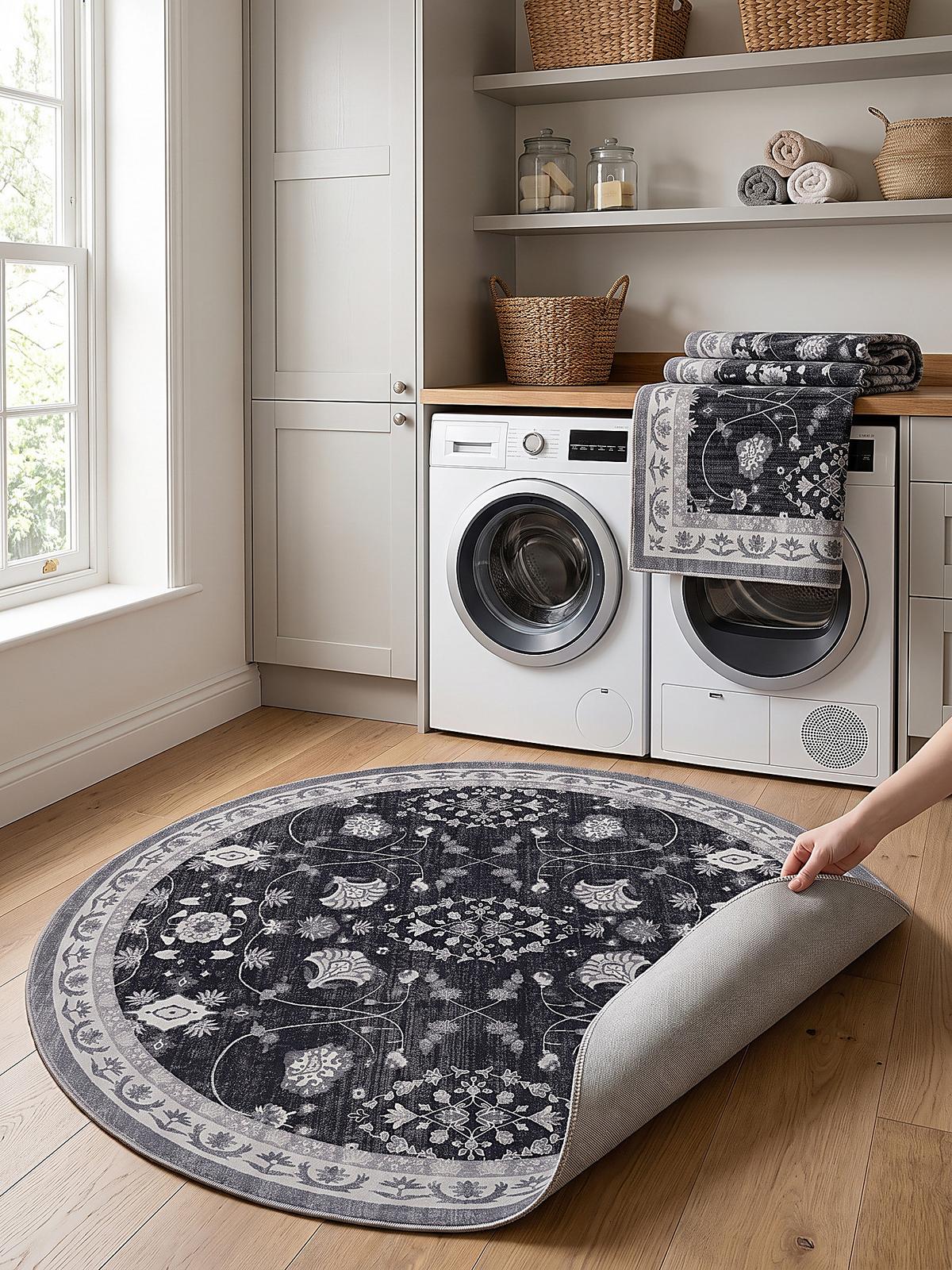 TEPPICH Kurzflor, waschbar, mit floralen Ornamenten, VERNANTE in Schwarz-Creme-Grau, Ø 120 cm - Schwarz, Textil (120/120cm) - KADIMA DESIGN