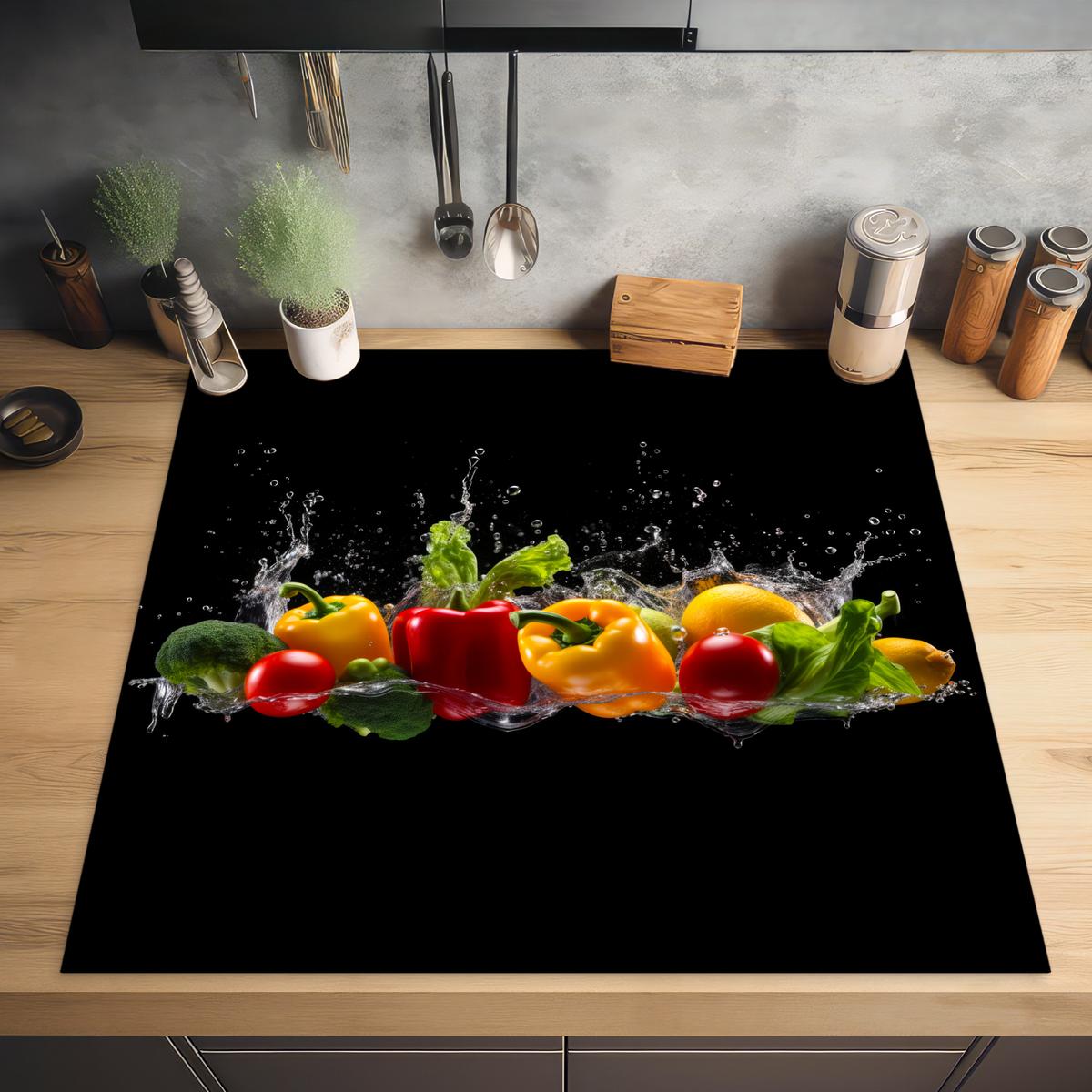 HERDABDECKPLATTE Paprika - Wasser - Gemüse - Schwarz Induktionsmatte 78x78 cm - Multicolor, Kunststoff (78/78/0.2cm) - MuchoWow