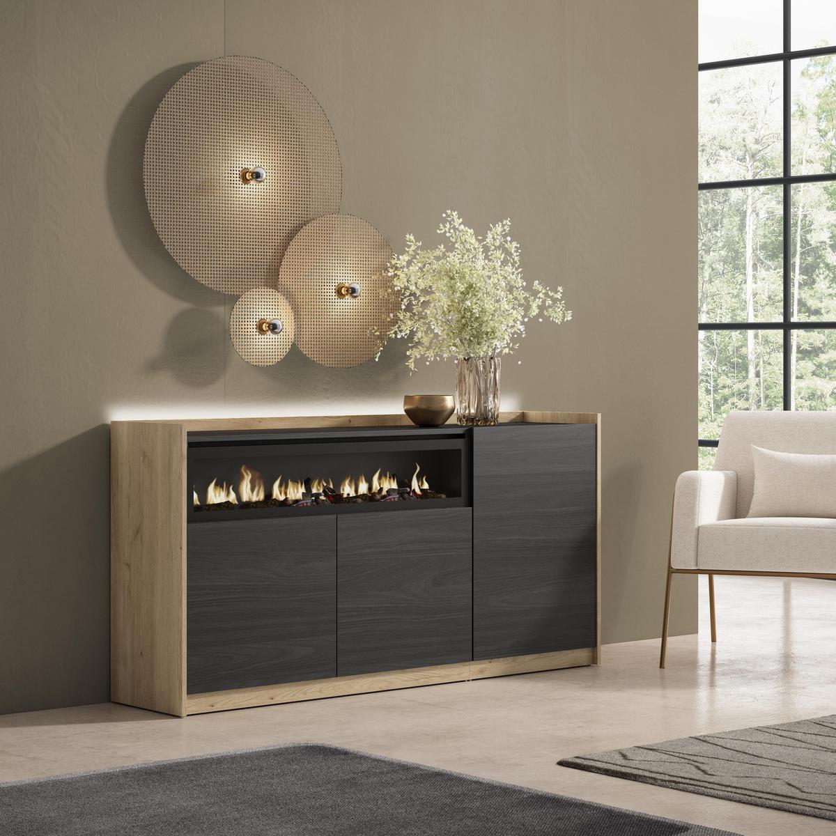 SIDEBOARD, Schwarz und Eiche, 156/37/80cm, Kamin mit Feuereffekt - Schwarz, Holzwerkstoff (156/80/37cm) - Skraut Home