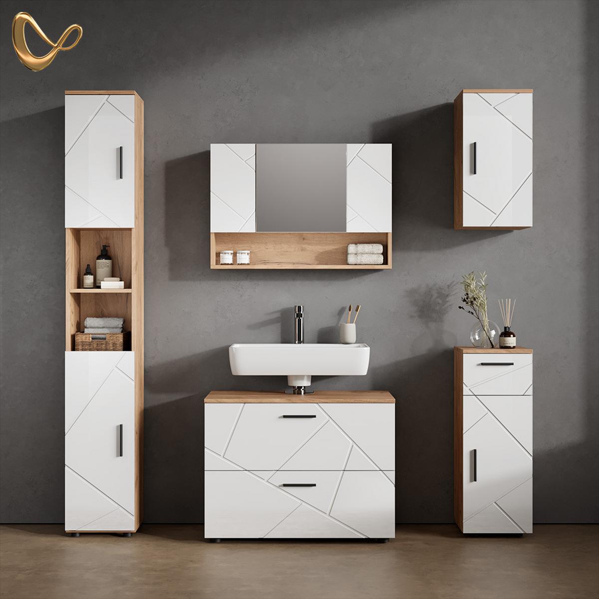 BADMÖBEL-SET Ronco Weiß Hochglanz/Goldkraft Eiche 5 Teile - Honigeiche/Weiß Hochglanz, Holzwerkstoff (80/58/41cm) - Livinity®