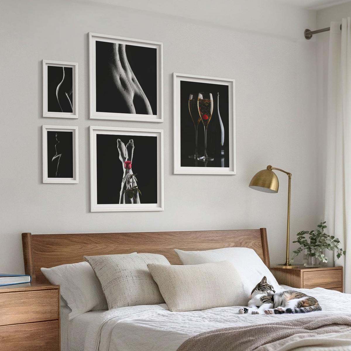 BILDER SET 5er Set - 50x50 cm & 20x30 cm & 40x60 cm Weißer Rahmen - Schwarze und weiße weibliche Formen - Weiß, Kunststoff (40/60cm) - TULUP