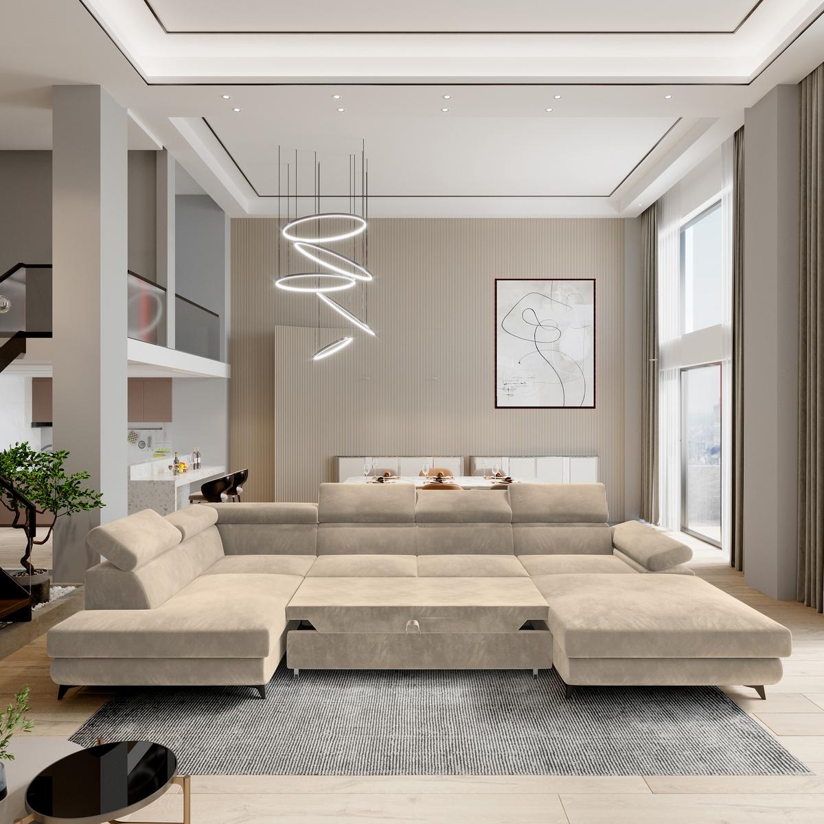WOHNLANDSCHAFT RUBANO L-S Creme Velours-Stoff mit Schlaffunktion - Creme, Holz (339/89/190cm) - MASSENO