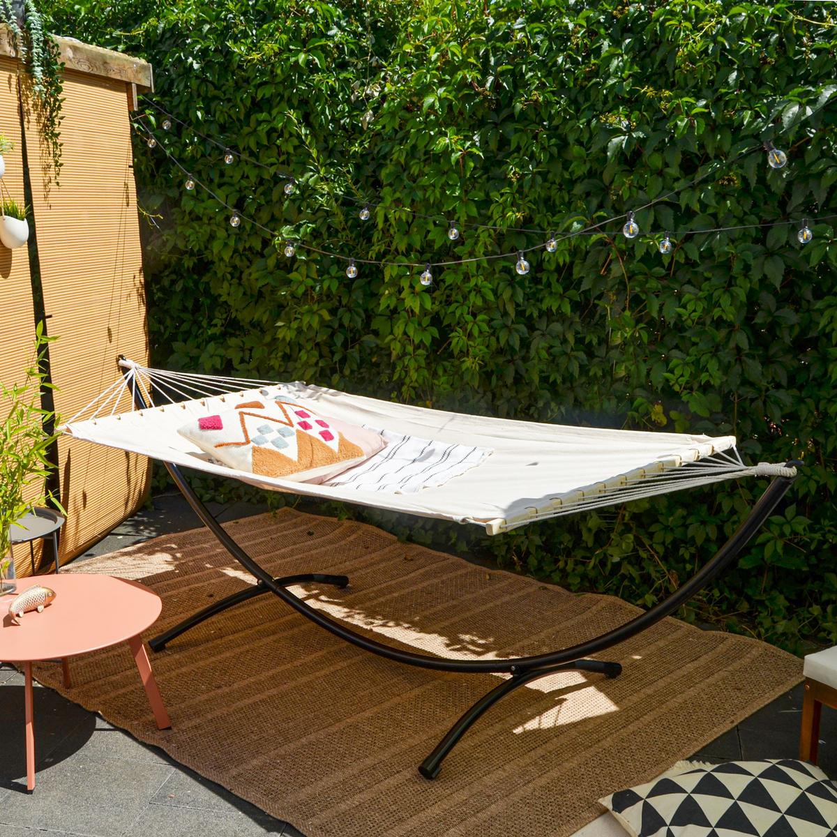 DOPPEL-HÄNGEMATTE mit Gestell bis 120kg, 200/120cm, Beige - Beige, Metall (100/90/300cm) - Amanka