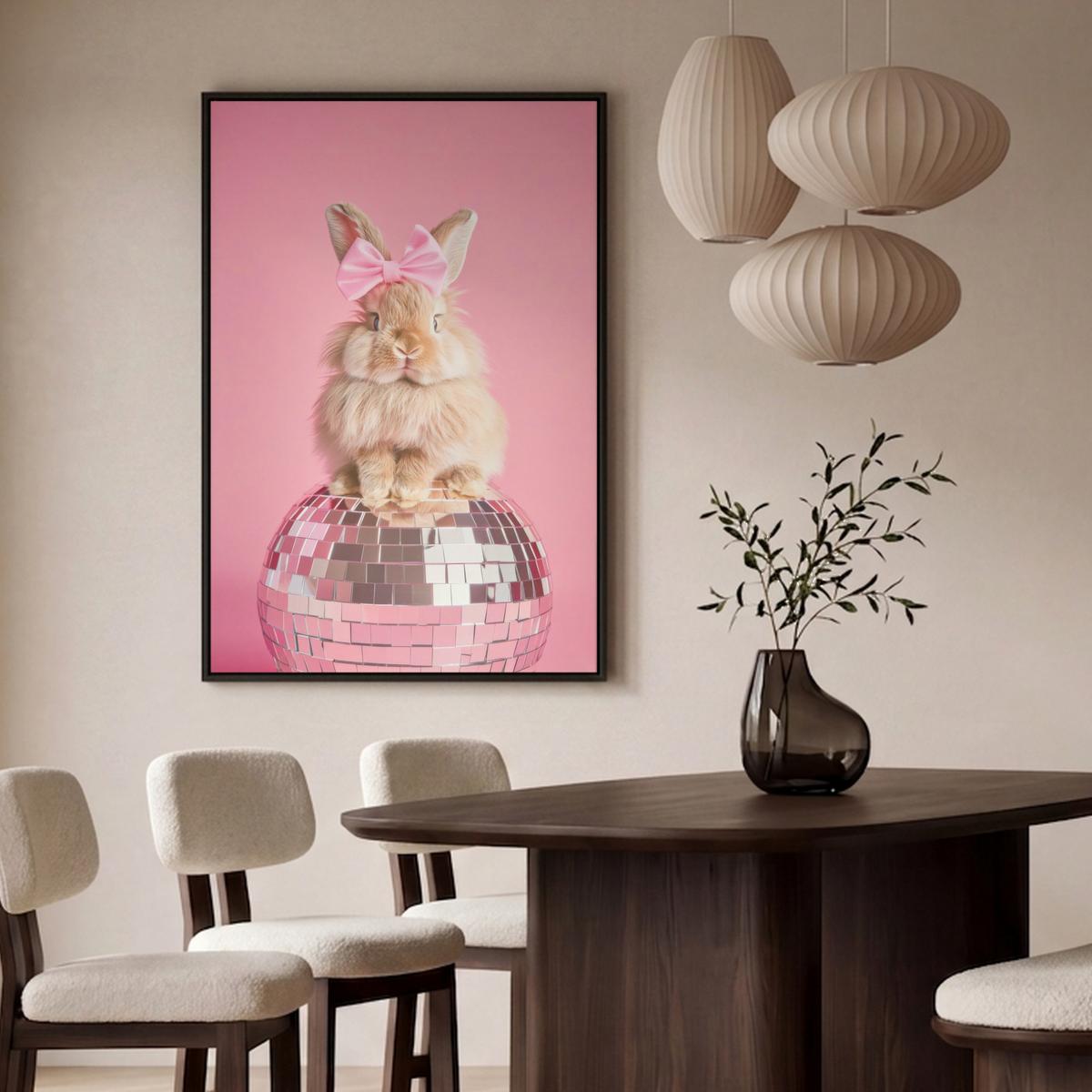 LEINWAND Bilder mit Rahmen - Schleife - Discoball - Kaninchen - 90x140 - Pink, Textil (90/140cm) - MuchoWow