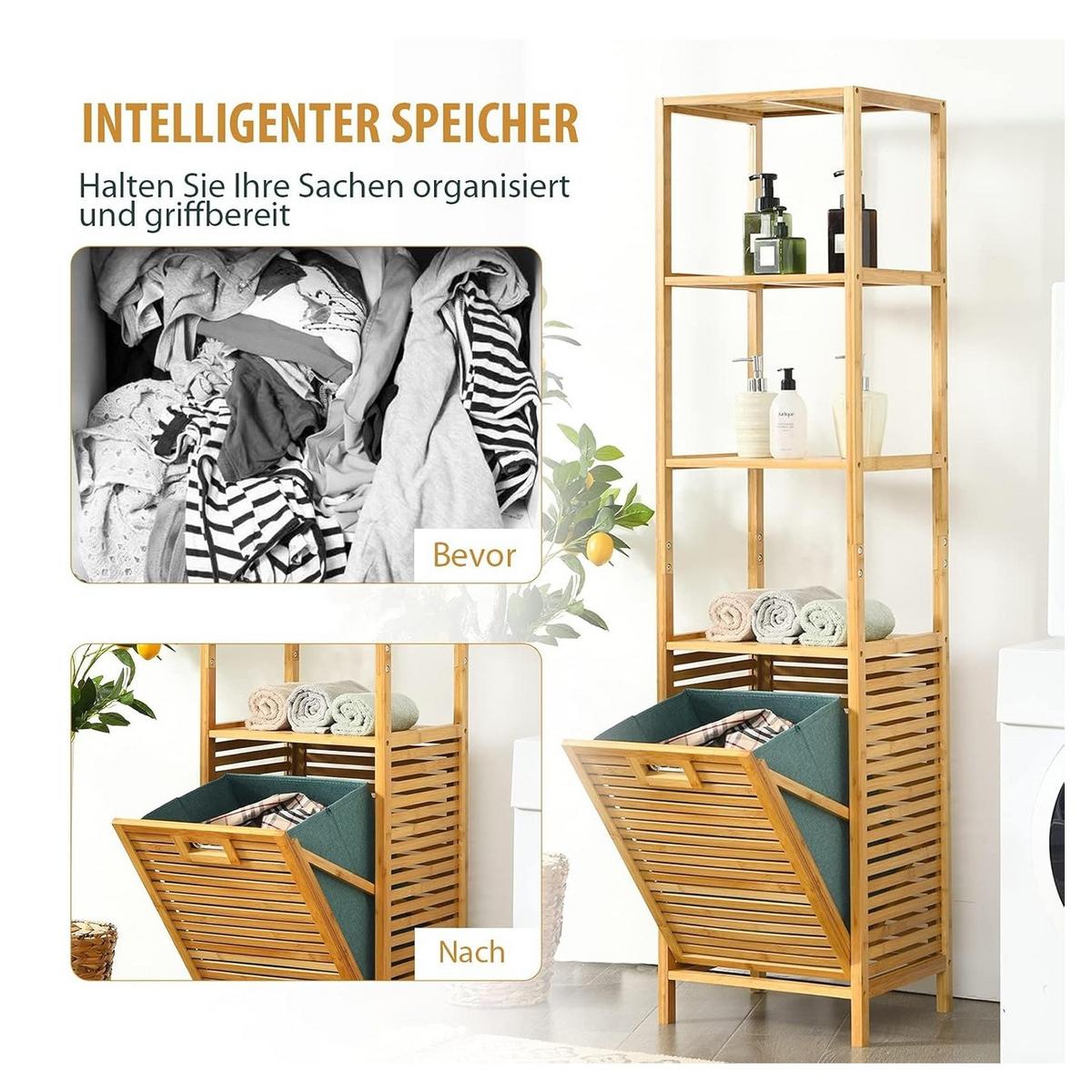 WÄSCHESCHRANK mit abnehmbarem Wäschesack & Griff natur - Naturfarben, Naturmaterialen (40/160/33cm) - COSTWAY