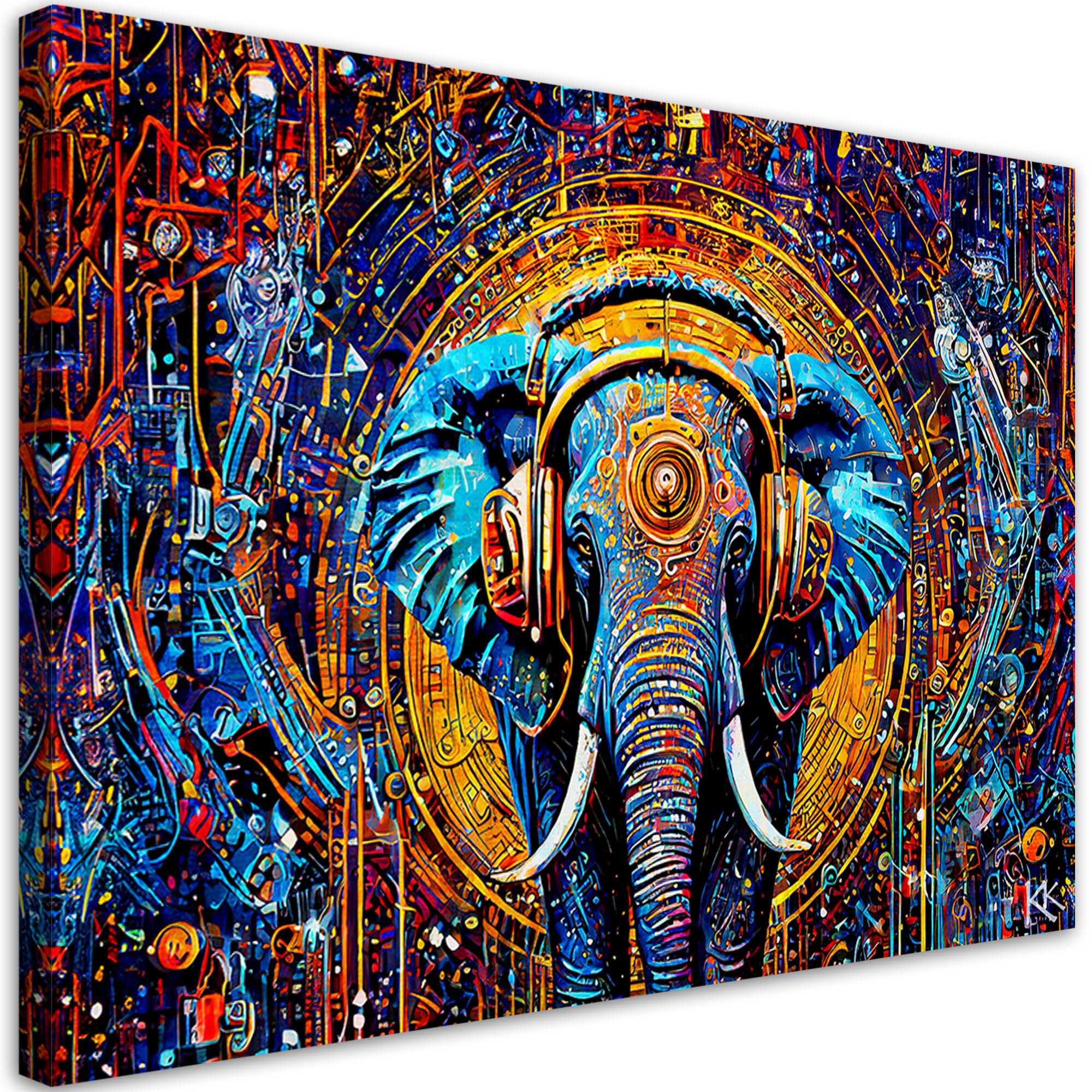 LEINWANDBILD Elefant im Kopfhörer Abstraktion 120x80cm - Multicolor, Textil (120/80cm) - Feeby
