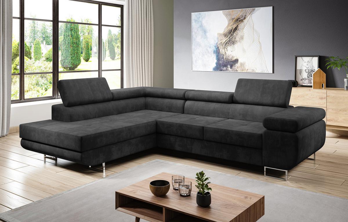 ECKSOFA L Form Kanya Grau 275/202/90 cm – Sofa mit Bettfunktion & Stauraum L - Dunkelgrau/Silberfarben, Textil/Metall (202/275cm) - AX Living
