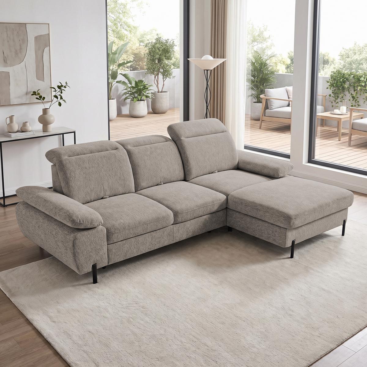ECKSCHLAFSOFA Sora Mini mit verstellbaren Kopfstützen und Schlaffunktion, Chenille-Stoff, Hellbraun, Rechts - Hellbraun/Schwarz, Textil (190/285cm) - Beautysofa