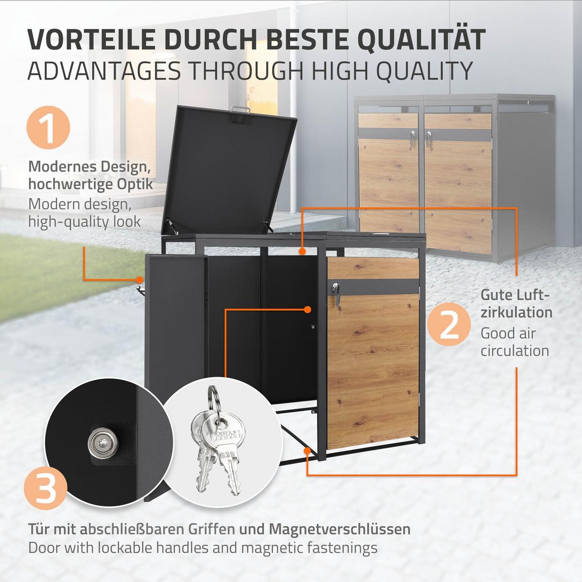 MÜLLTONNENBOX 4er Anthrazit-Holzoptik - Braun, Metall (264/120/80cm) - ML-DESIGN