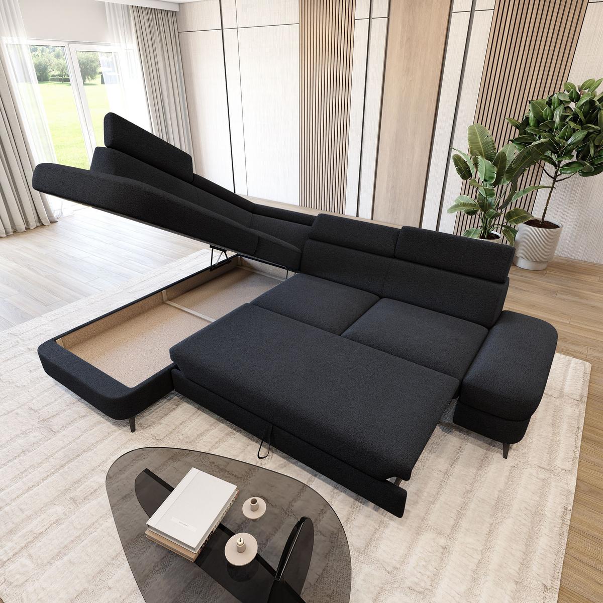 ECKSOFA AVISE Q L-S Schwarz Boucle-Stoff mit Schlaffunktion - Schwarz, Holzwerkstoff/Textil (268/195cm) - MASSENO
