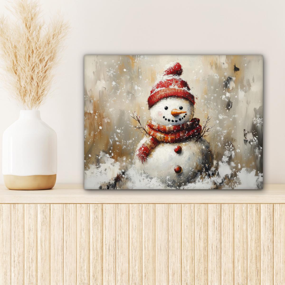 LEINWANDBILD Schneemann - Winter - Schnee - Beige Wandbild 40x30 cm - Weiß, Textil (40/30cm) - MuchoWow