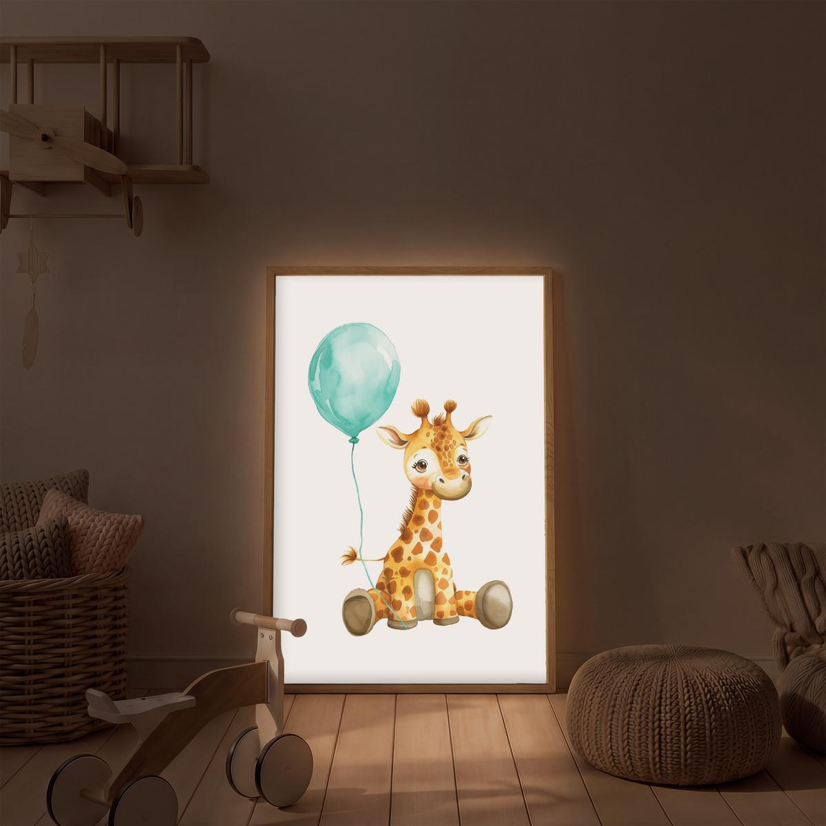 WANDLEUCHTE MIT AKKU Giraffe - Baby - Tiere - Blauer Ballon 70x100 cm - Weiß, Holzwerkstoff (70/100/8cm) - OnlyWow