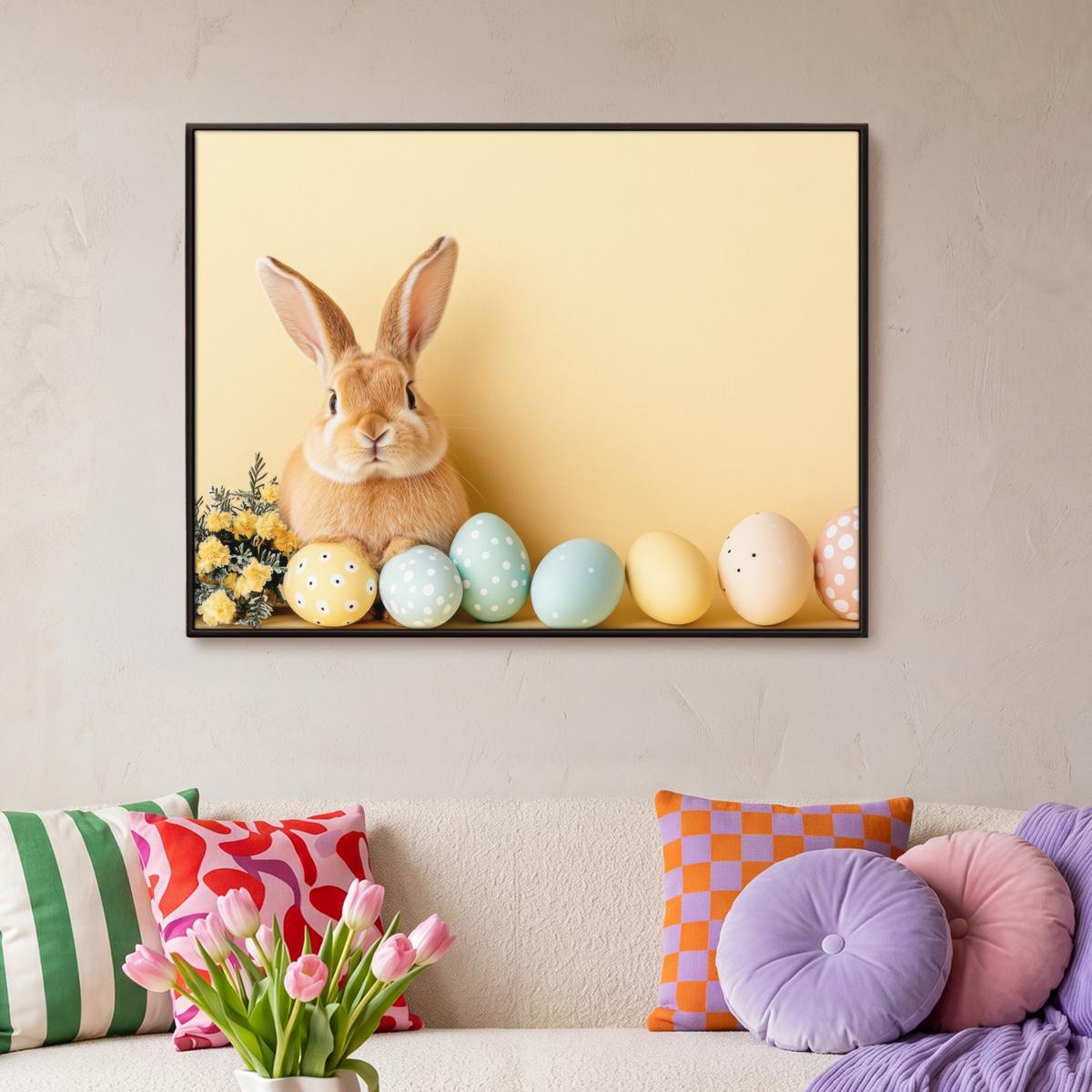 LEINWAND Bilder mit Rahmen - Eier - Kaninchen - Pastellfarbtöne - 100x70 - Hellgelb, Textil (100/70cm) - MuchoWow