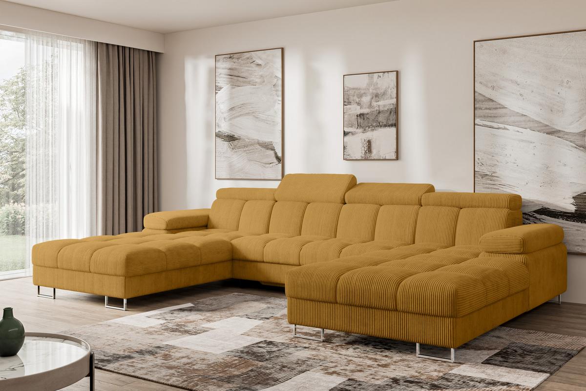 WOHNLANDSCHAFT mit Schlaffunktion und Bettkasten COMA U2 345x203x79 Senfgelb Cord - Honig, Holzwerkstoff/Textil (345/79/203cm) - ALTDECOR