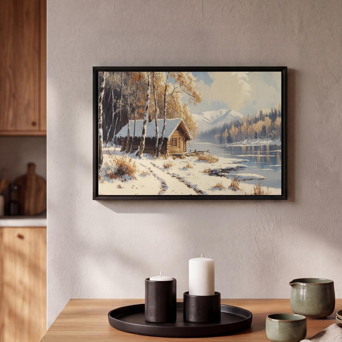 LEINWAND Bilder mit Rahmen - Winter - Schnee - Zuhause - Natur - 30x20 - Hellbraun, Textil (30/20cm) - MuchoWow