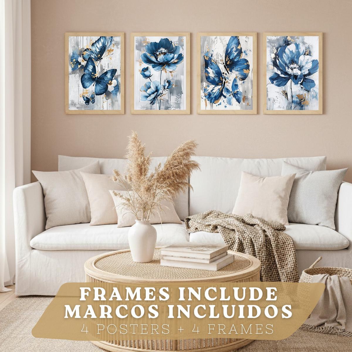 POSTER 4er Kunstdruck-Set Wandbilder Blumen Blau Schmetterlinge modern Wohnzimmer Deko, Schlafzimmer, Küche, Badezimmer Rahmenlos A3 - Beige, Papier (29.7/1/42cm) - Nacnic