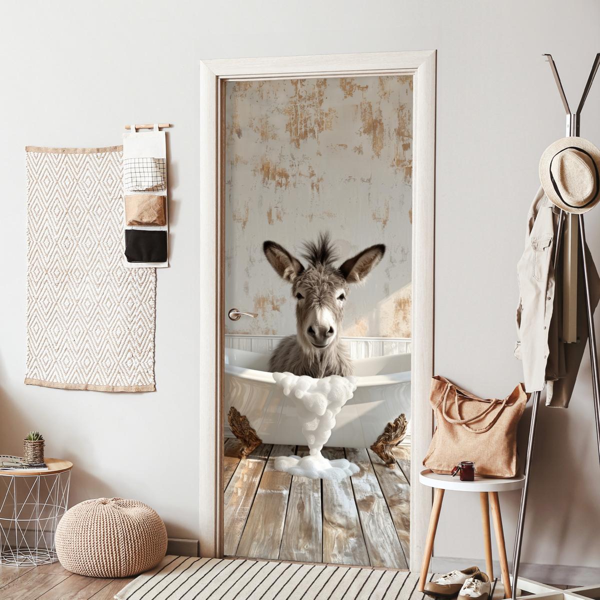 TÜRAUFKLEBER Esel - Tier - Vintage - Badewanne Room Decor 85x205 cm - Türtapete - Eichefarben, Kunststoff (85/0.1/205cm) - MuchoWow