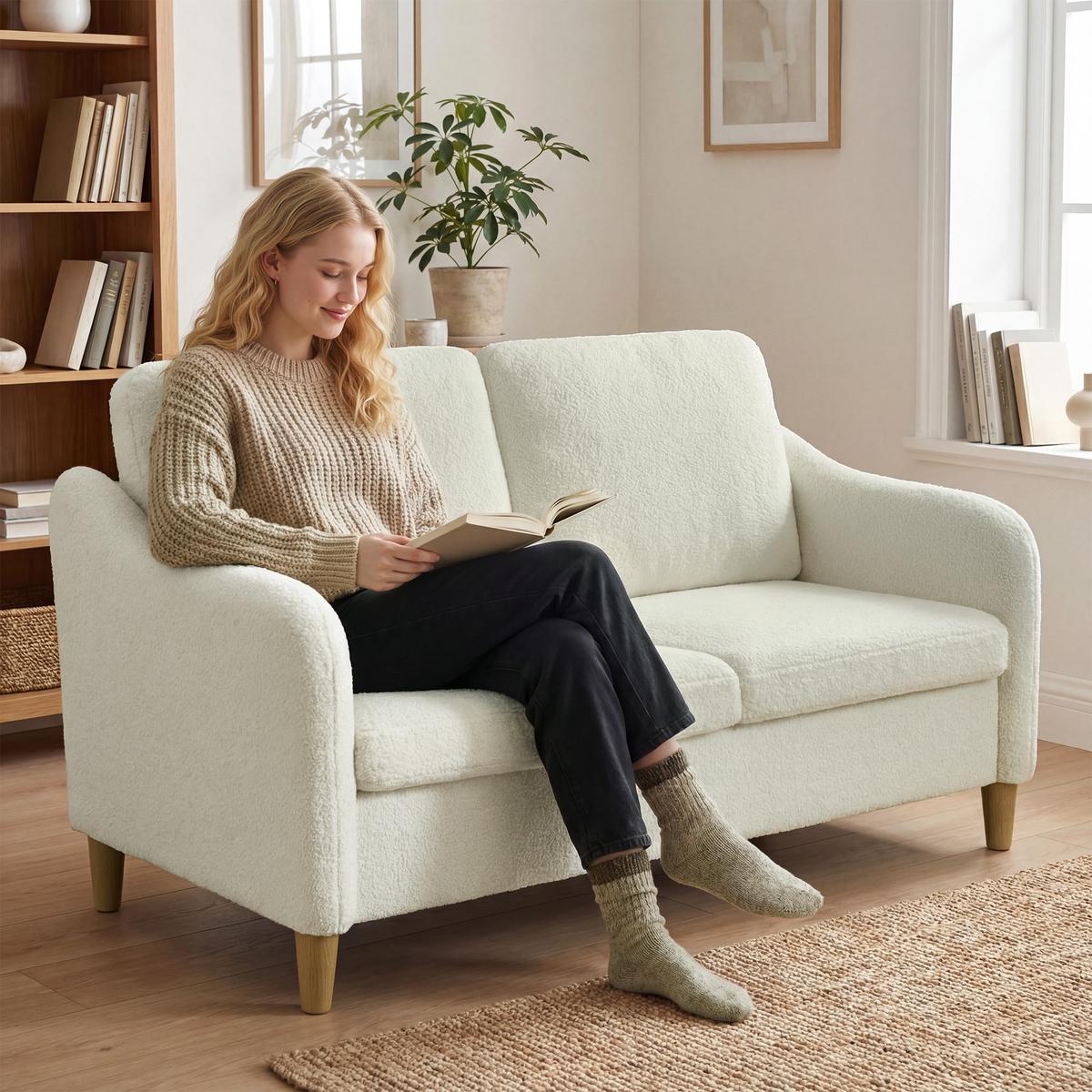 SOFA Polyester Eukalyptusholz Cremeweiß - Eukalyptusholzfarben/Creme, Holz/Textil (69/82/137cm) - HOMCOM