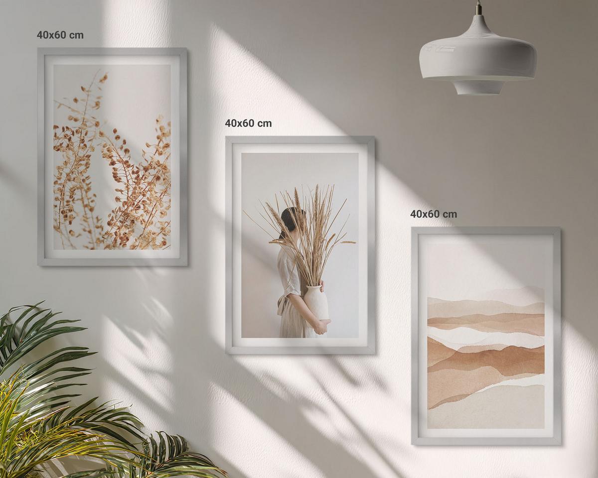 BILDER SET 3er Set - 40x60 cm Silberner Rahmen - Rustikale Boho-Blumenmotive - Silberfarben, Kunststoff (40/60cm) - TULUP