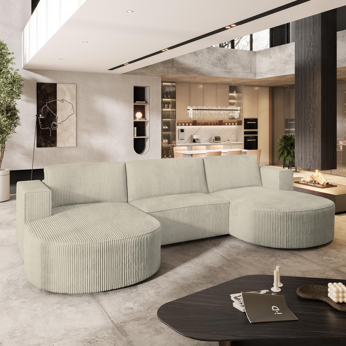 WOHNLANDSCHAFT VEZZO P Creme Kordstoff mit Schlaffunktion - Creme/Grau, Holz/Kunststoff (347/85/174cm) - MASSENO