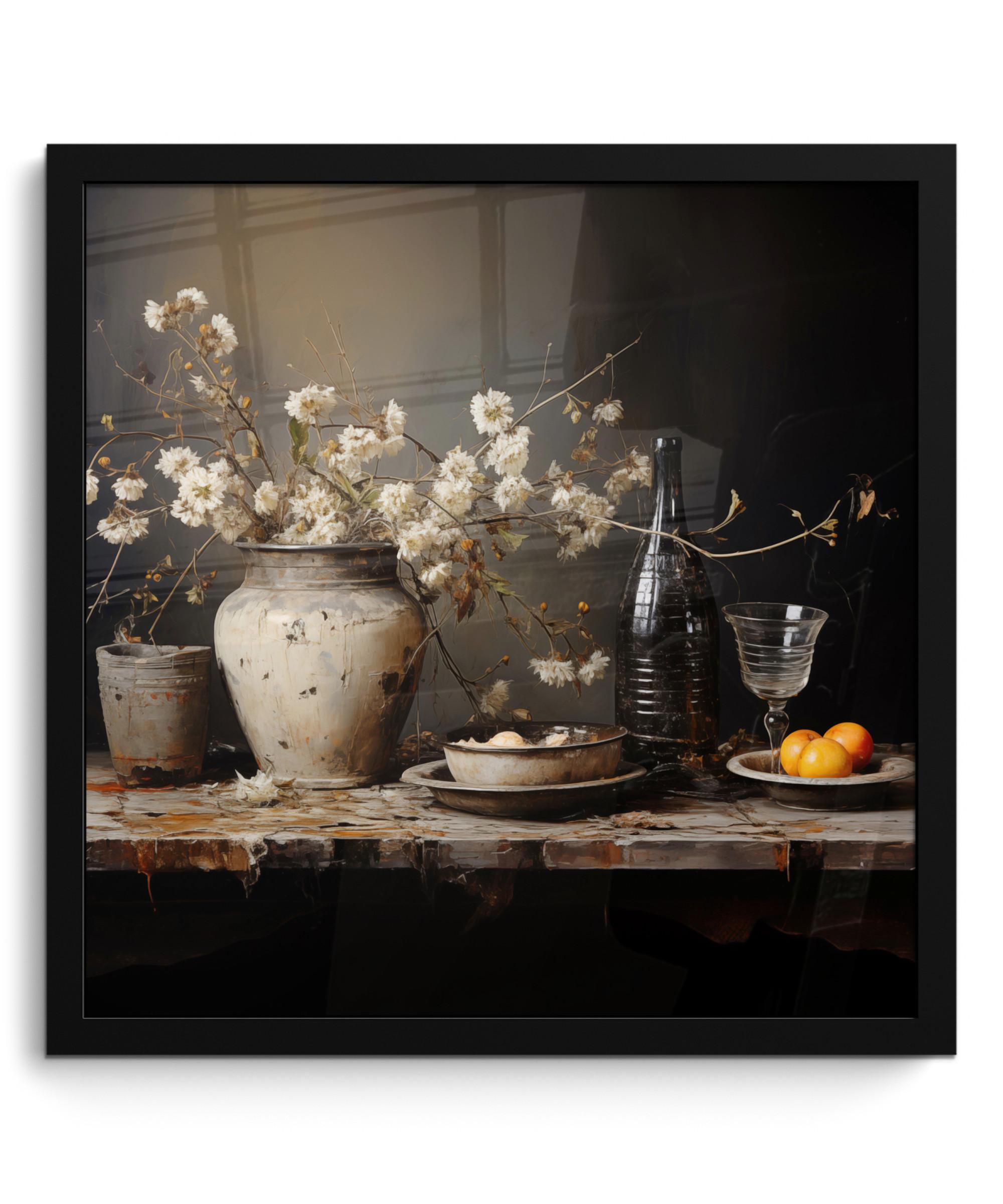 POSTER MIT RAHMEN Stilleben - Blumen - Blumenstrauß - Vase - Wein 40x40 cm - Schwarz, Papier (40/40cm) - MuchoWow