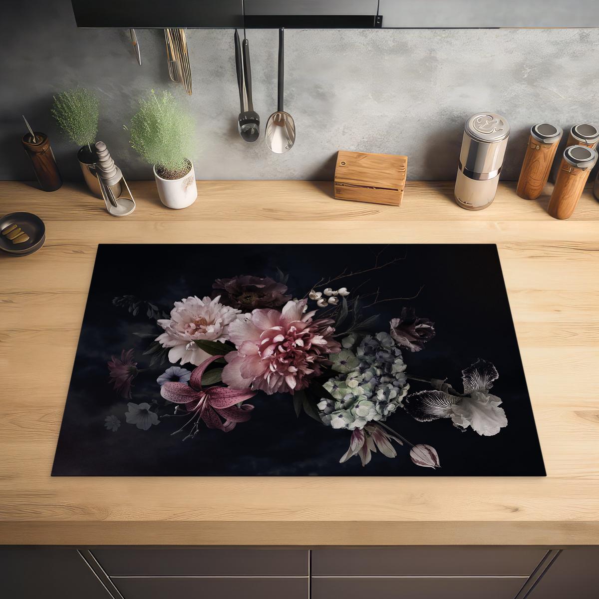 HERDABDECKPLATTE Blumen - Vintage - Pastell - Rosa - Weiß Ceranfeldabdeckung 76x51.5 cm - Altrosa, Kunststoff (76/51.5/0.2cm) - MuchoWow
