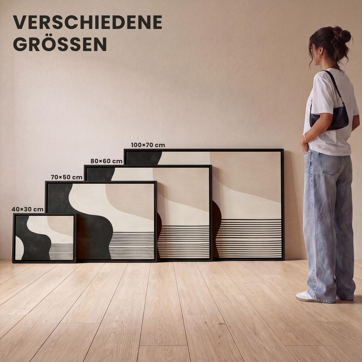 LEINWAND Bilder mit Rahmen - Abstrakt - Japandi - Beige - Modern - 80x60 - Schwarz, Textil (80/60cm) - MuchoWow
