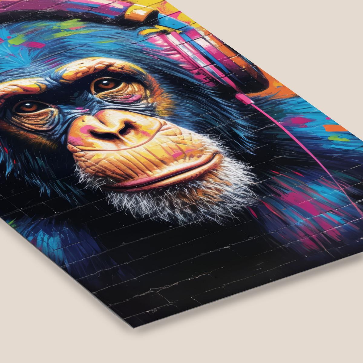 POSTER MIT RAHMENGERAHMTES BILD Graffiti - Schimpanse - Straßenkunst - Kopfhörer - Affe 60x90 cm - Blau, Papier (60/90cm) - MuchoWow
