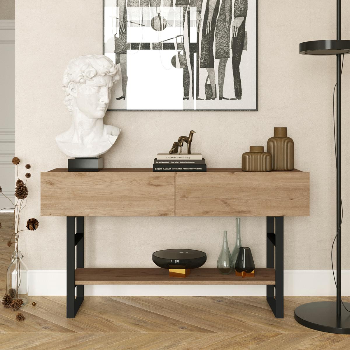 KONSOLENTISCH Lappeenranta - Eichefarben/Schwarz, Holzwerkstoff/Metall (43/139/76cm) - [en.casa]