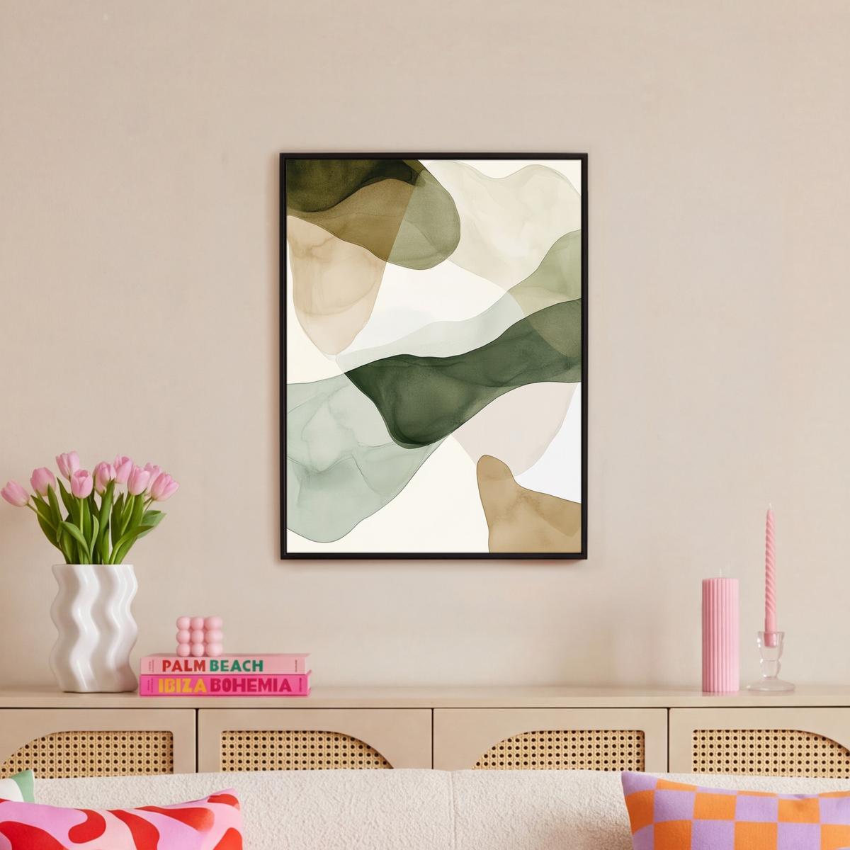 LEINWAND Bilder mit Rahmen - Japandi - Abstrakt - Grün - 50x70 - Salbeigrün, Textil (50/70cm) - MuchoWow
