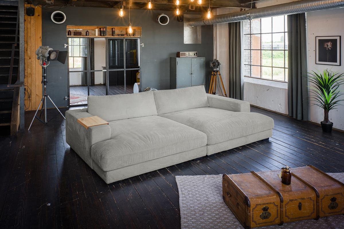 BIG SOFA XL MIT TABLETT MADELINE Hellgrau Cord - Hellgrau/Schwarz, Kunststoff/Textil (290/85/190cm) - KAWOLA