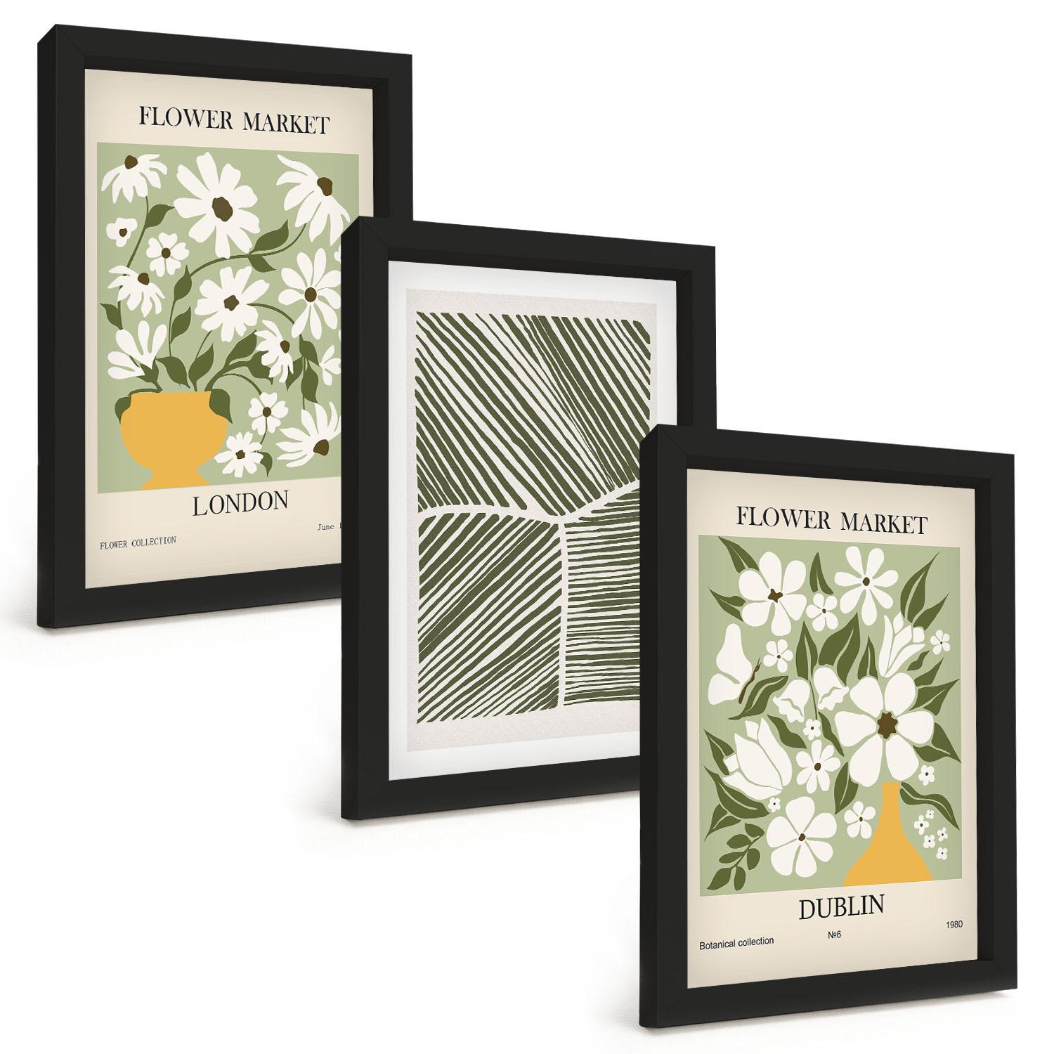 BILDER SET 3er Set - 20x30 cm Schwarzer Rahmen - Blumenmuster London Dublin - Schwarz, Kunststoff (20/30cm) - TULUP